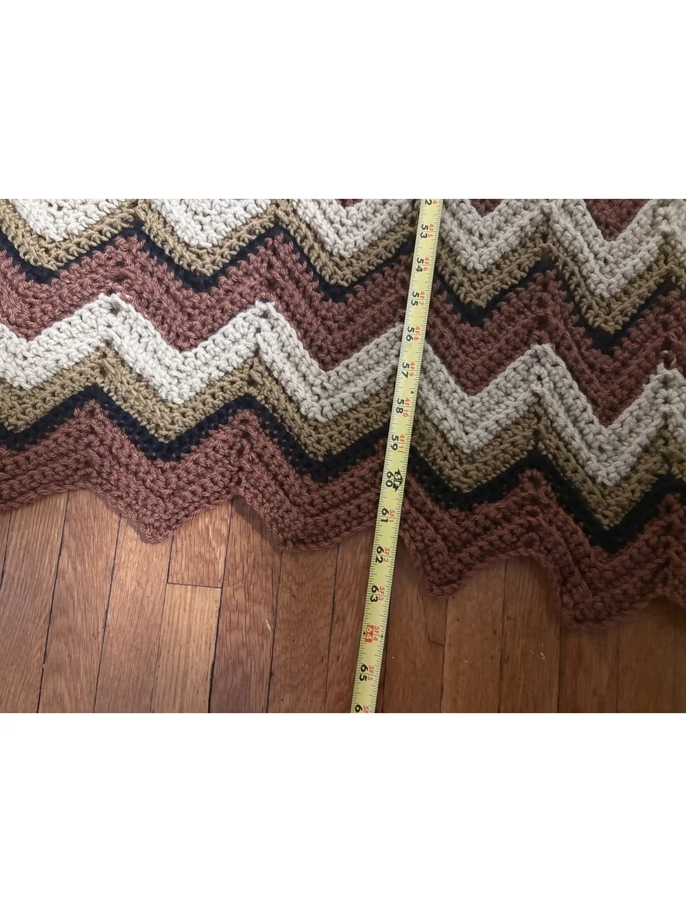 Hand Crocheted Chevron Afghan Throw Blanket Brown Cream Black 64” x 43” Handmade